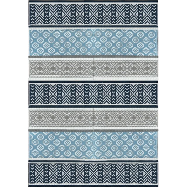 BalajeesUSA Recycled Outdoor Plastic Patio Rugs Clearance Waterproof RV Camper Rug Large Reversible mats 6'x9' (183 cm x 274 cm) Grey, SkyBlue 7018