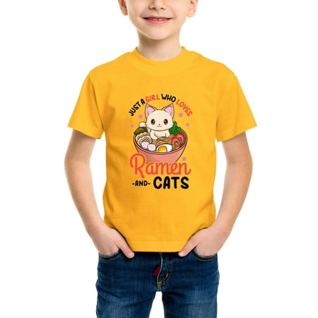 

Envmenst Boys Short Sleeve T-Shirt Funny Just A Girl Who Loves Anime Cats aND Ramen Lover Kawaii Otaku Kids Girls Tee Unisex Top