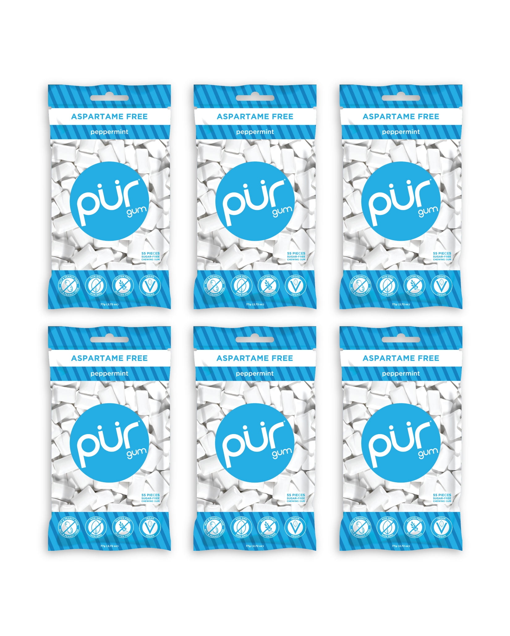PUR Gum Sugar Free Chewing Gum with Xylitol - Natural Peppermint Flavor - 55 Pieces (Pack of 6)