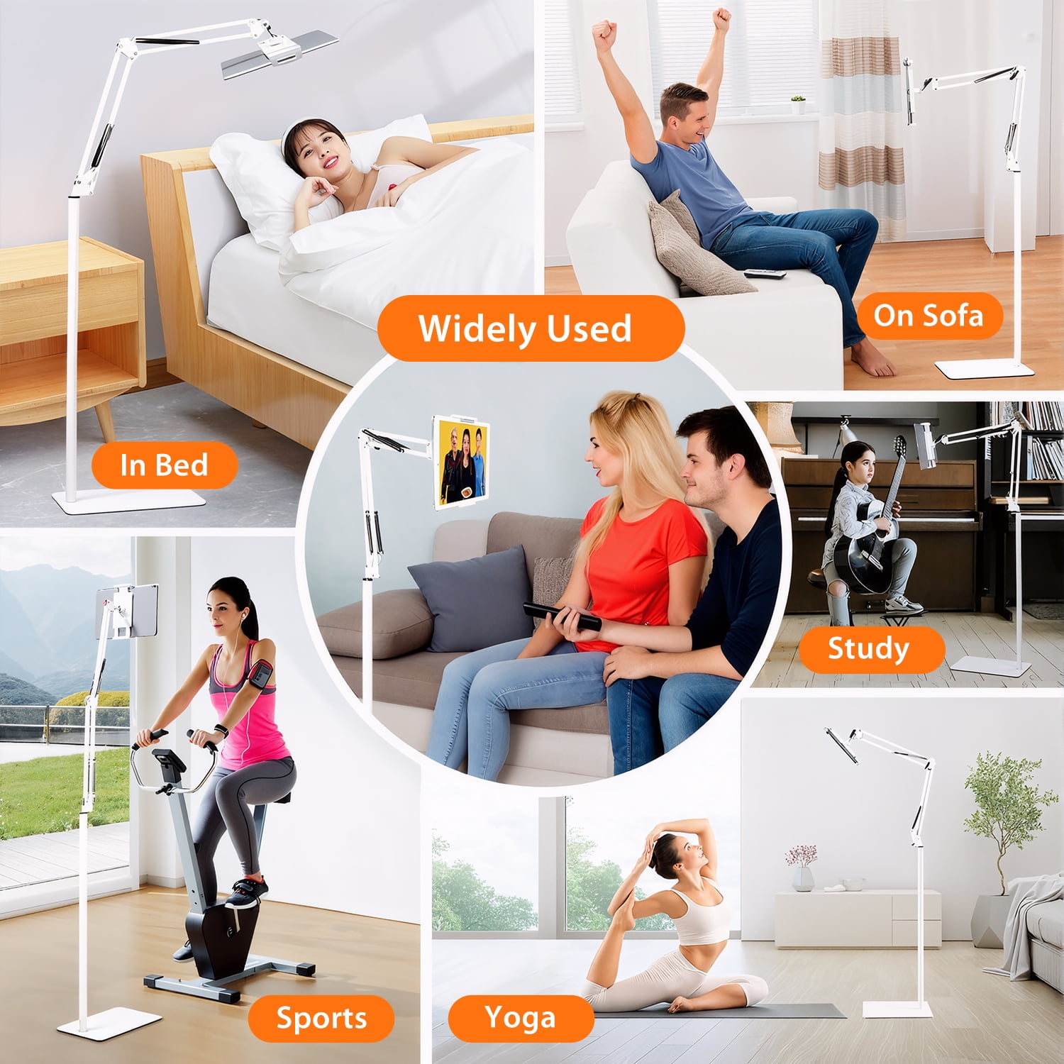 Hanru Tablet Floor Stand, 69" Height Adjustable 360-degree Rotatable Tablet Holder, Arm Stretchable Stand, Overhead Bed Phone Mount（4"~12.9''), White