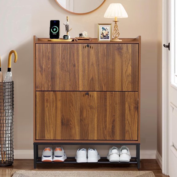 Wirrytor Narrow Shoe Cabinet for Entryway, Fluted Foyer Shoe Storage Cabinet with 2 Flip Drawers, Hidden Shoe Rack Organizer for Hallway Front Door Entrance, Walnut