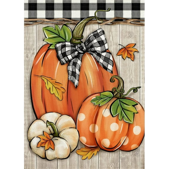 Fall Pumpkin Patch Decorative Garden Flag, Autumn Polka Dots Farmhouse Seasonal Yard Outside Decorations, Thanksgiving Buffalo Plaid Check Bow Rustic Outdoor Small Home Decor Double Sided 12.5x18