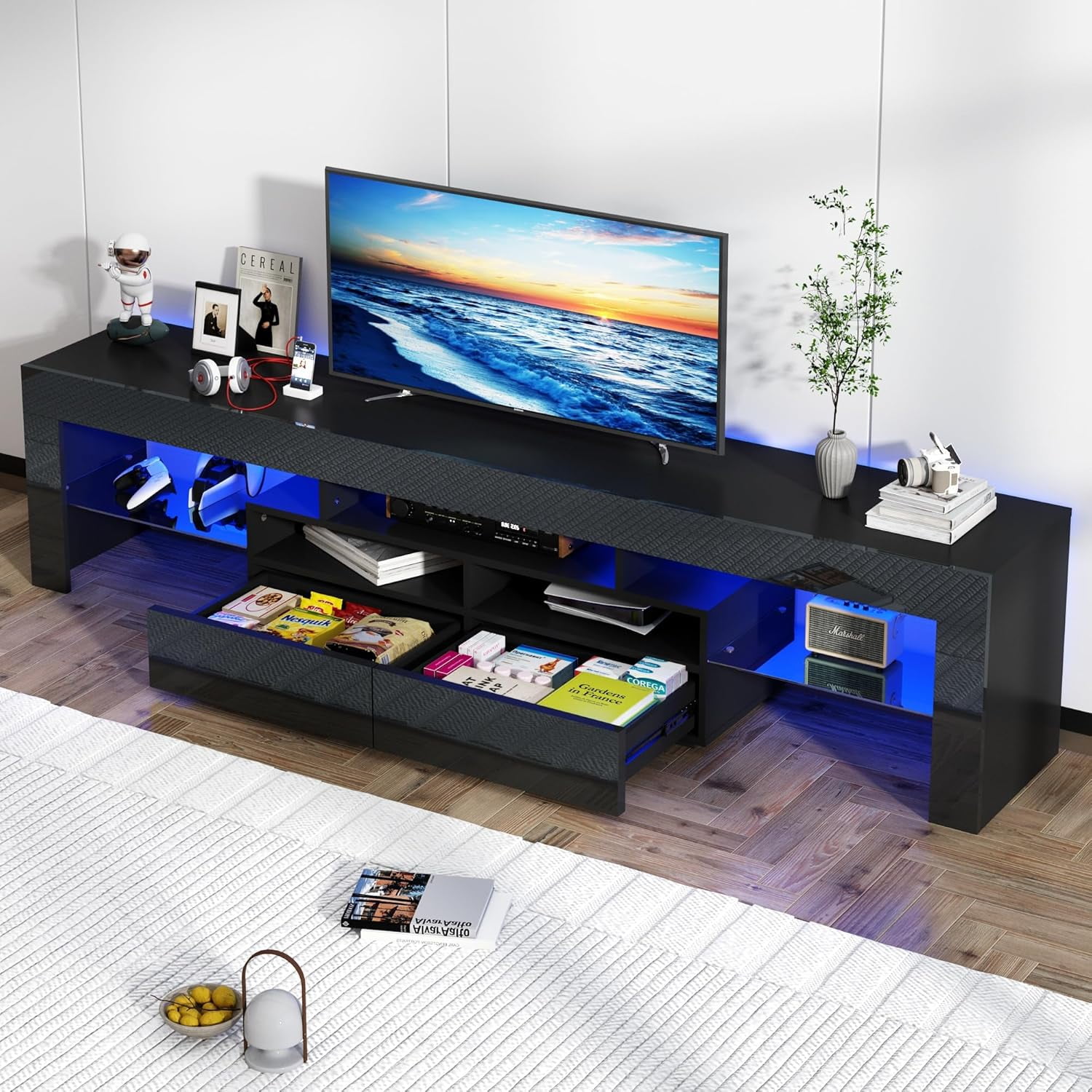 ChVans LED TV Stand for 75/85/90 inch TV, High Glossy Modern Entertainment Center with Drawer and LED Lights