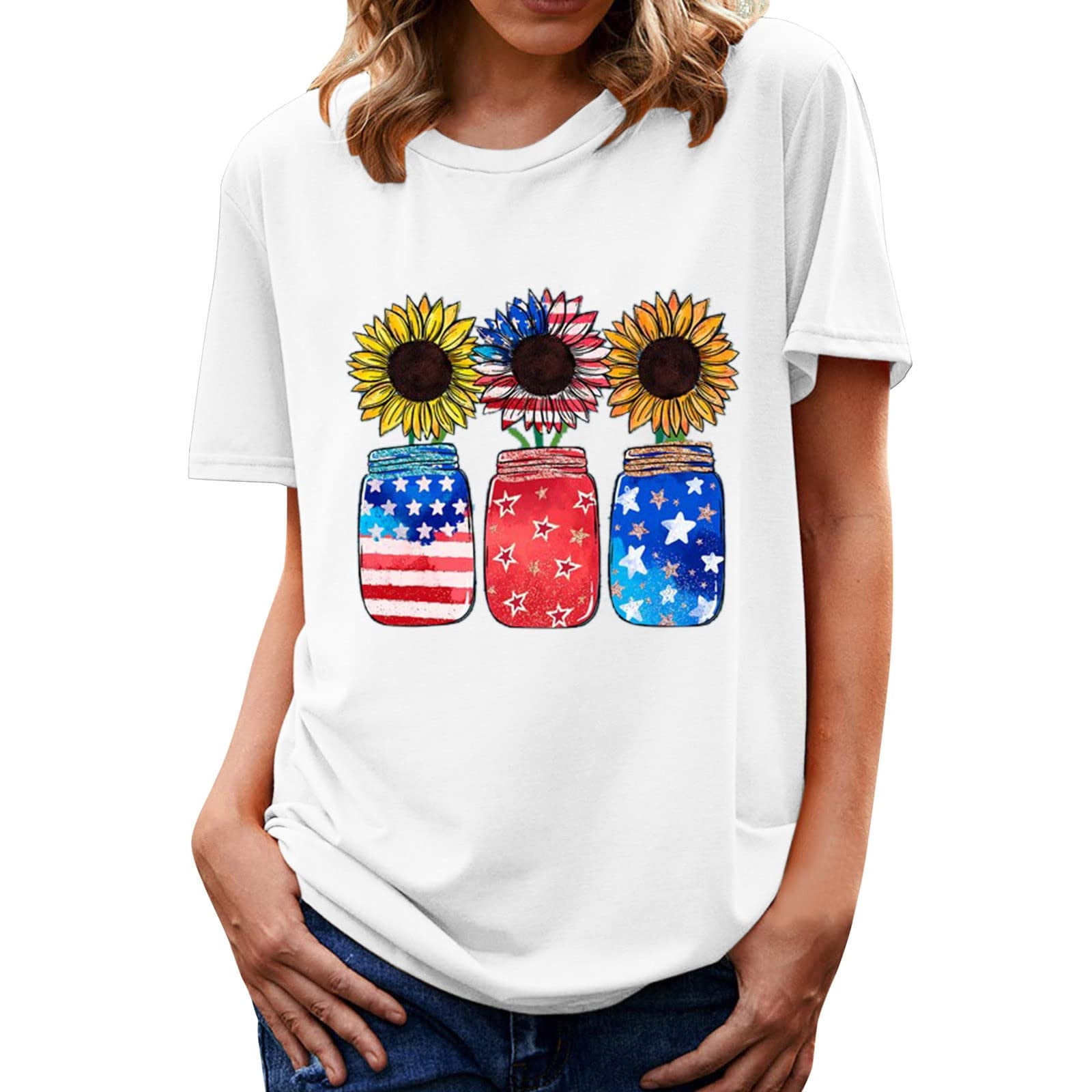 4th of July Womens Tops Summer Casual Crewneck Short Sleeve Plus Size Shirt Sunflower Graphic Tees Memorial Day Blouse 