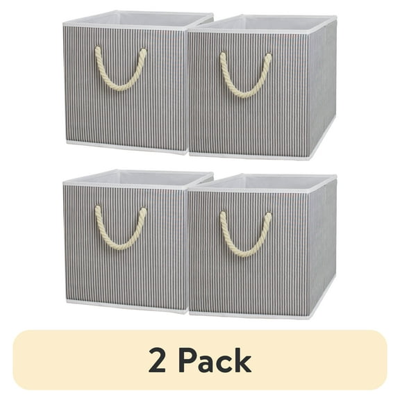 (2 pack) Better Homes & Gardens Fabric Cube Storage Bins (12.75" x 12.75"), Gray Stripe, 2 Pack