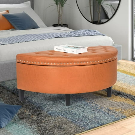Homebeez 43.5  Half Moon Storage Ottoman  Button Tufted Bedroom Benches for Entryway Living Room  Orange