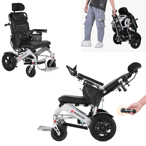 Rubicon DX11 Reclining Electric Wheelchair with Adjustable Headrest, Foldable Electric Power Wheelchair for Adults, Dual 600W Motors, Long Range Battery, All-Terrain Mobility Chair with 360° Joystick