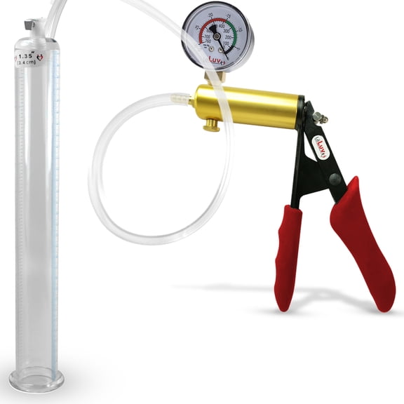 LeLuv Ultima Penis Pump, Brass w/ Red Handle, Silicone Grip, Clear Hose Gauge | 12" x 1.35" Cylinder
