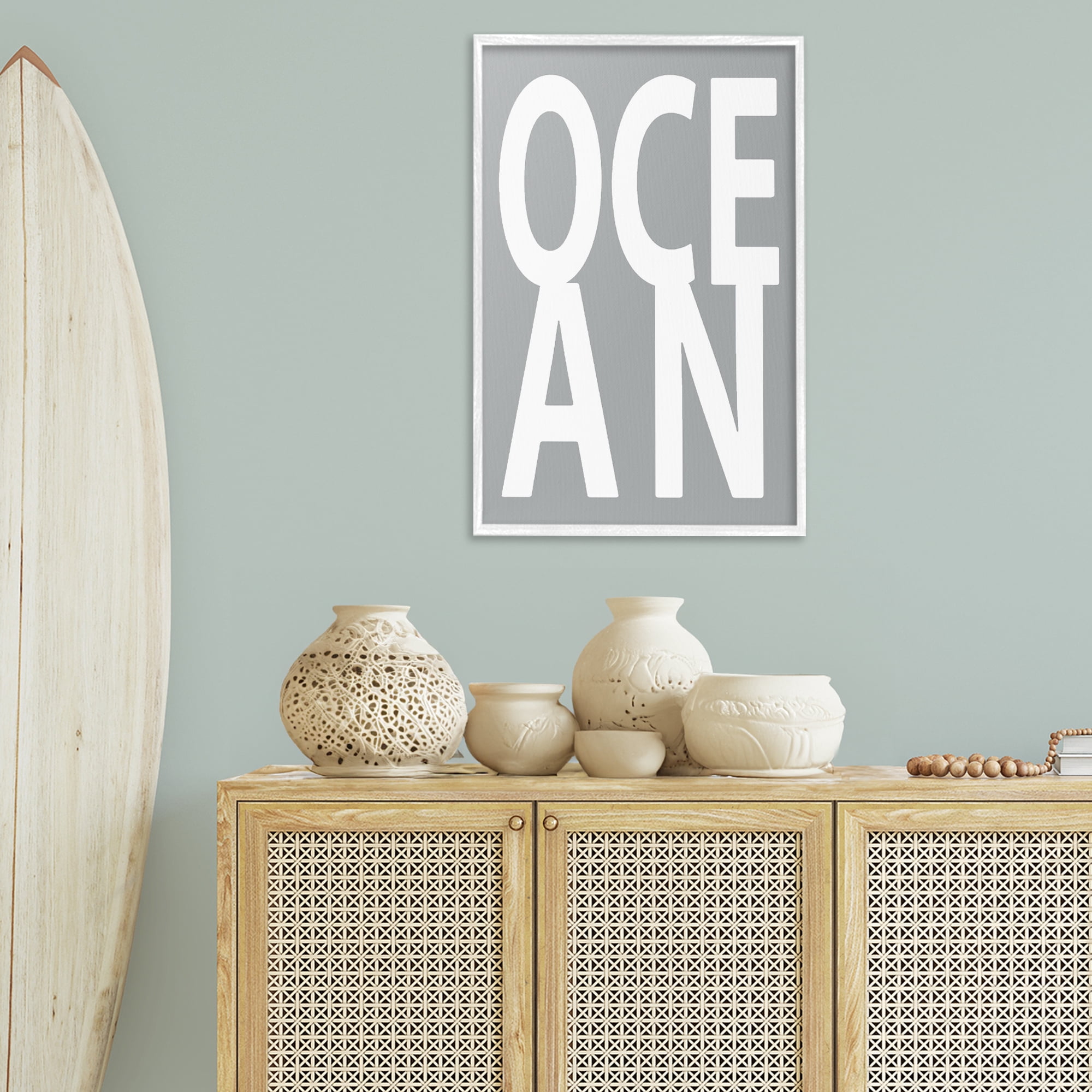 Stupell Industries Ocean Word on Grey Typography Painting White Framed Art Print Wall Art, 20 x 30