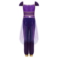 thumbnail image 4 of TiaoBug Kids Arabian Princess Jumpsuit for Girls Belly Dance Outfit Sequin Tulle Overlay Pants Romper Purple 6, 4 of 5