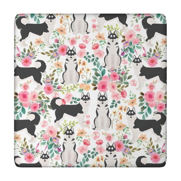 Husky Dog Flower Floral Square Fitted Tablecloth with Elastic Edge,Square Table Cover,Washable Elastic Table Cover for Home Kitchen Party Decor 34"x34"