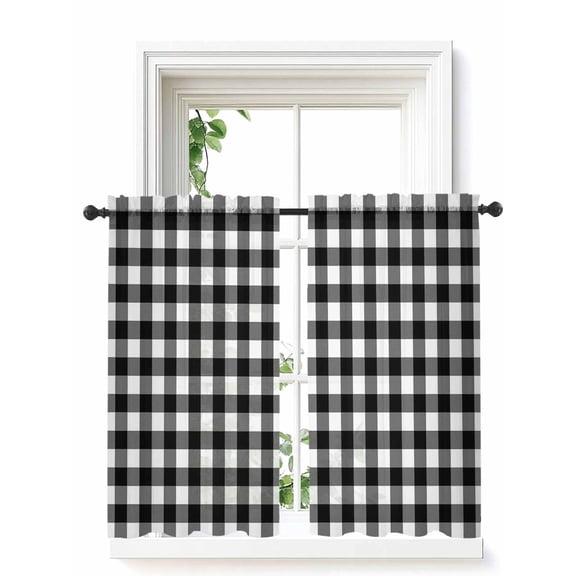 Farmhouse Checkered Curtains 54 Inch Length, Sheer Curtains for Bedroom Living Room Window Black White Buffalo Plaid Rod Pocket Voile Drapes Kitchen Curtains Small Half Window 42"x54" 2 Panels