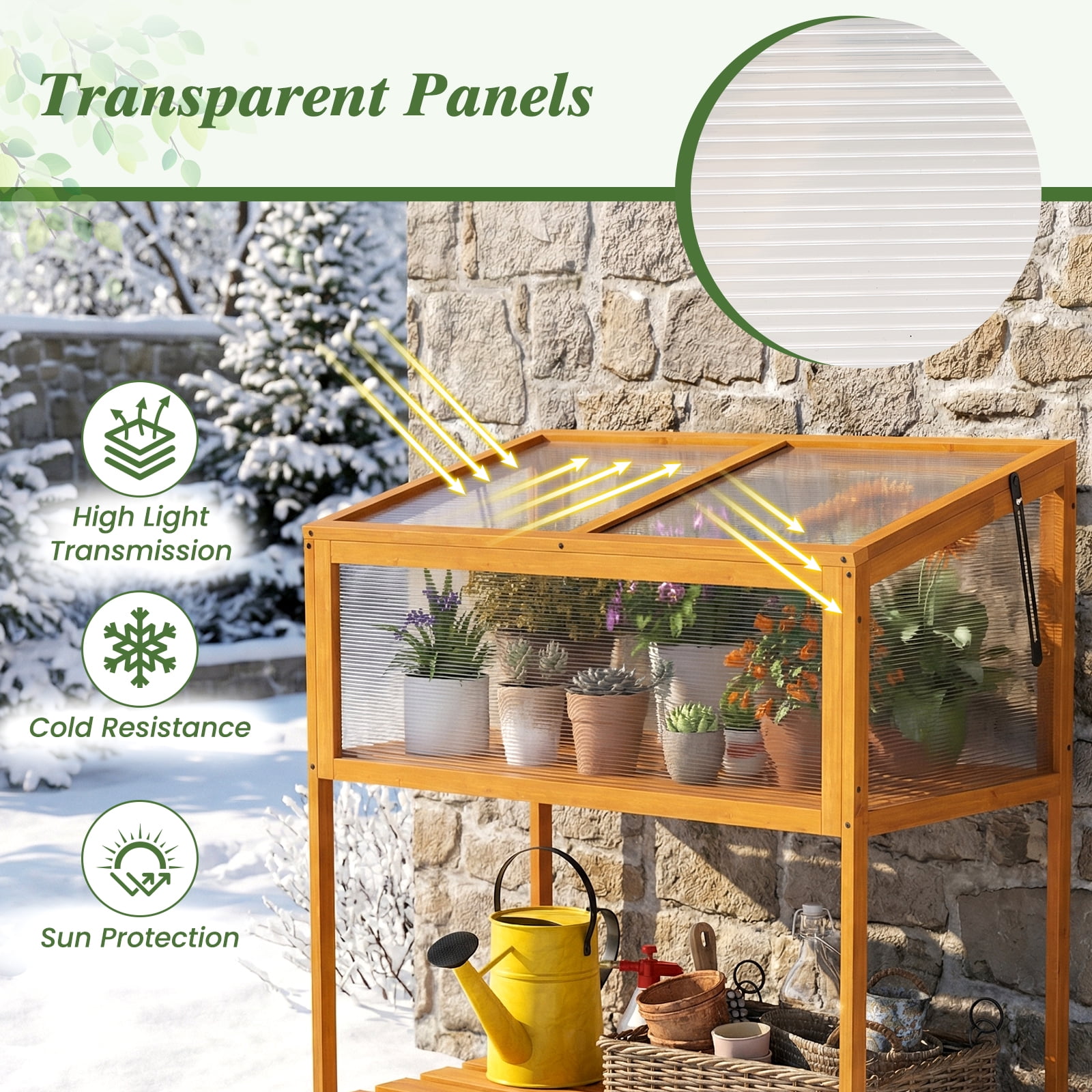 Gymax Wood Cold Frame Greenhouse w/Transparent Openable Roof & Slatted Storage Shelf