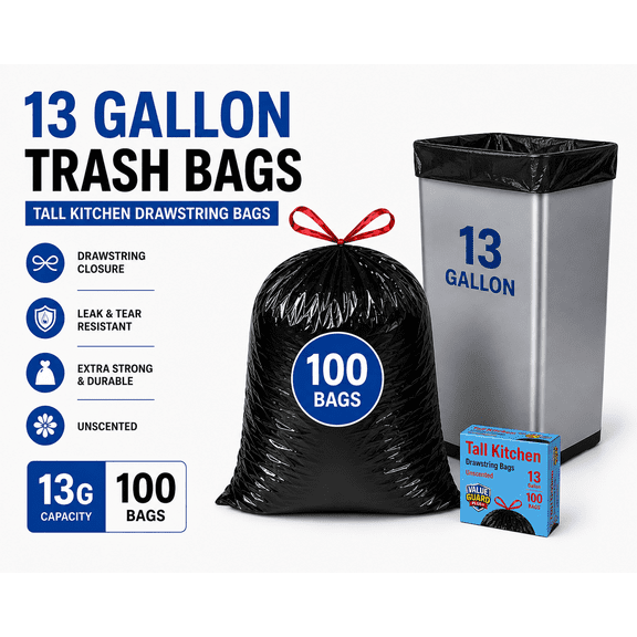 Value Guard Plus Ultra Strong 13 Gallon Trash Bags, Tall Kitchen Trash Bags, Blackout, Unscented, 100 Bags