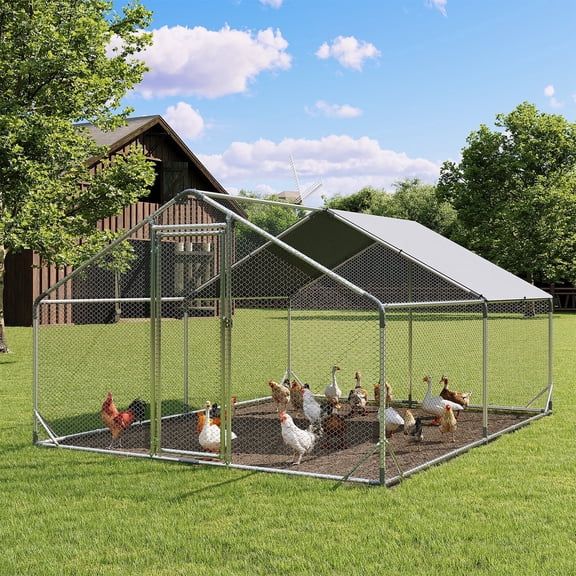 Clouddwell 128 Sq Ft Walk-In Galvanized Chicken Coop Run, Heavy Duty Predator Proof Waterproof Spire Anti-UV Roof for 10-15 Chickens & Ducks Backyard Farm