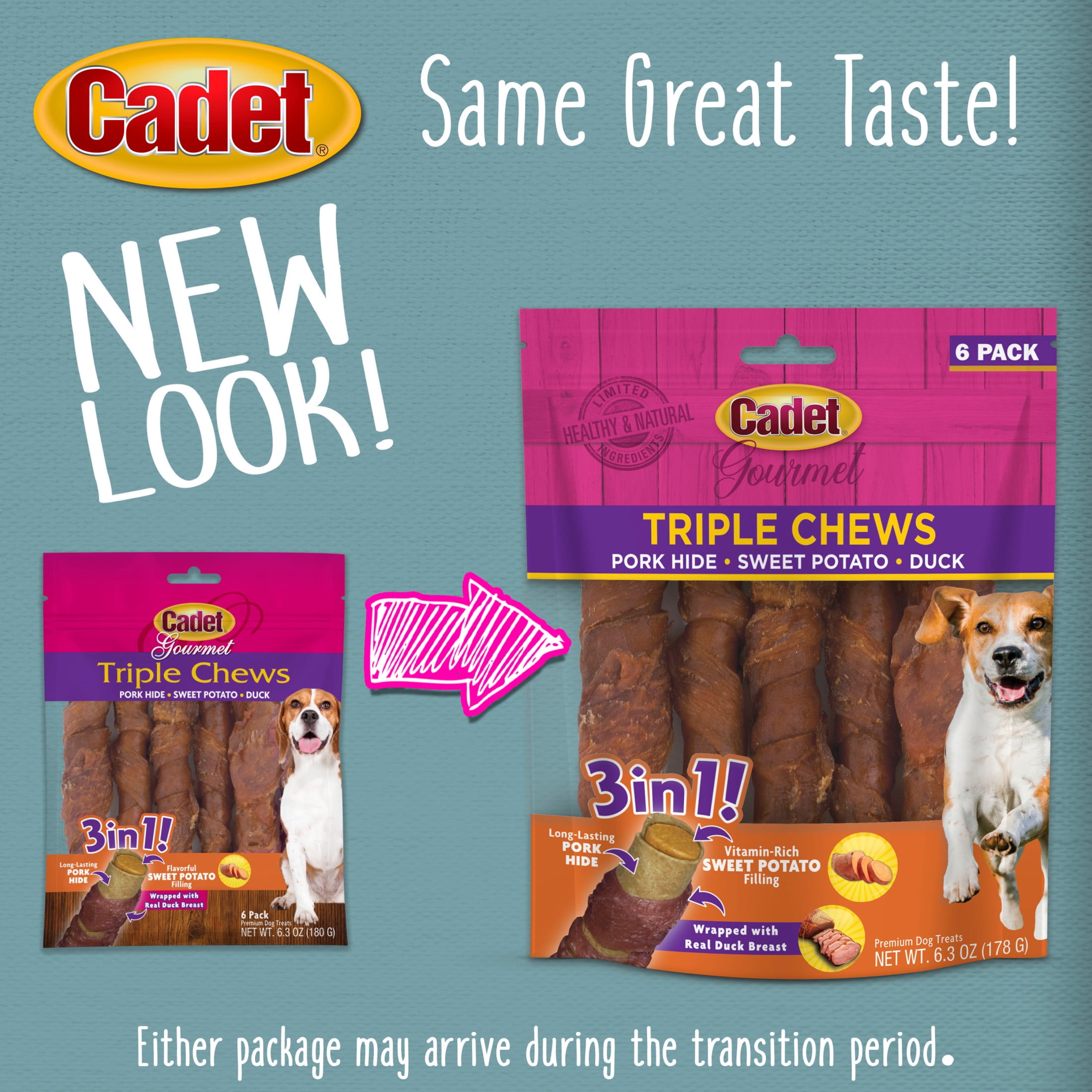 (2 pack) Cadet Gourmet Dog Treats Triple Chew Pork Hide Twists Dog Chews, Sweet Potato & Duck Flavor, 6 Count