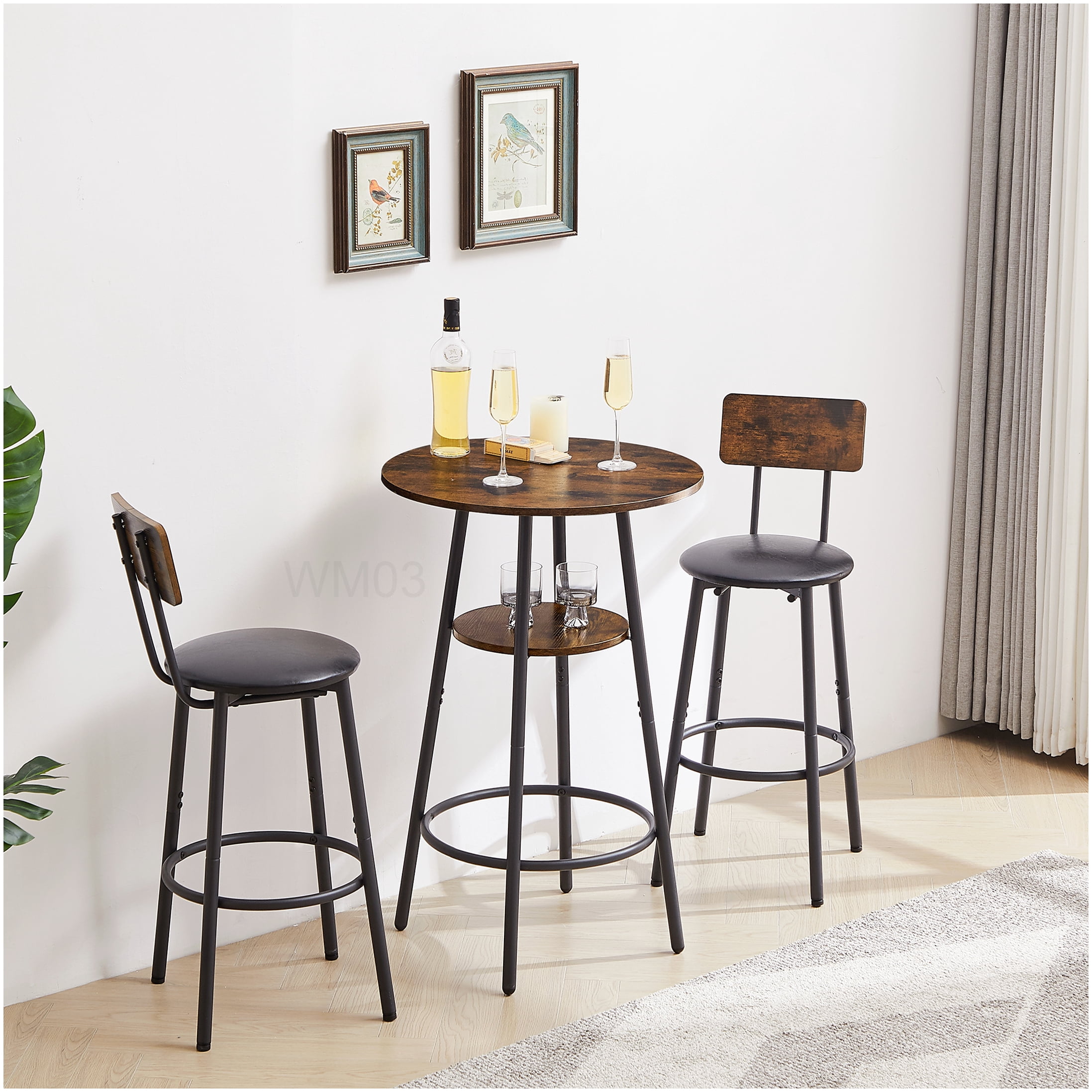 Industrial Style Bar Table Set with 2 Padded Stools, Rustic Brown Finish with Shelf