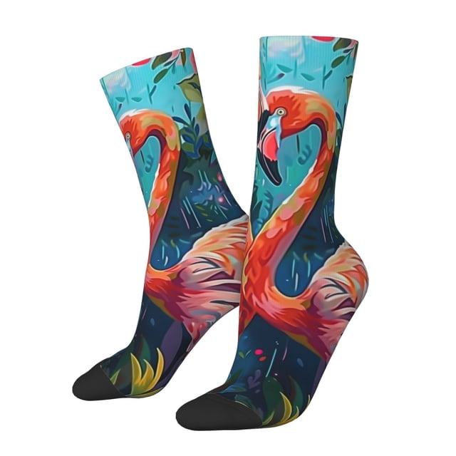 Fotbe Romantic Flamingo Pair Calcetas Largas con Estampado para Hombre y Mujer – Calcetas de Compresión Transpirables y Elásticas, Viajar y Uso Diario Talla 5-11