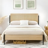 Oyang Queen Metal Bed Frame with Curved Rattan Headboard and Wooden Footboard, Under Bed Storage, Strong Metal Slat Support