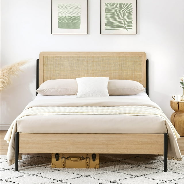 Bingirl Full Size Bed Frame with Rattan Headboard, Rattan Queen Bed Frame Platform with Rounded Corner Headboard, Queen Bed Frame