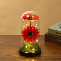Artificial Sunflower in Glass Dome with LED Strip, Gifts for Women Mom Wife on Xmas,Valentine Day,Wedding,Mothers Day,Anniversary, Warm Night Light for Bedroom, Red