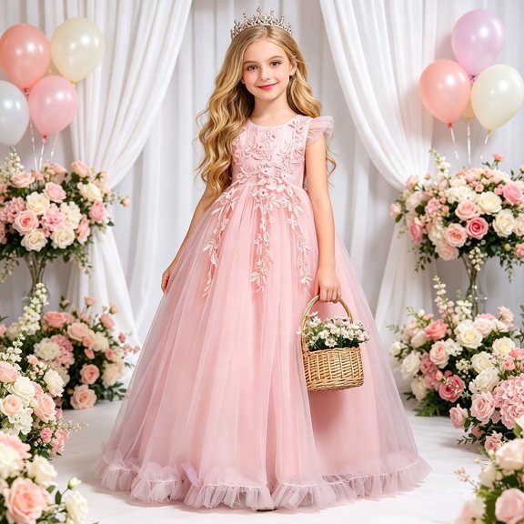 Angala Formal Princess Dress For Girls 1/4 Sleeve Crew Neck Solid Color Girls Back To School Dresses