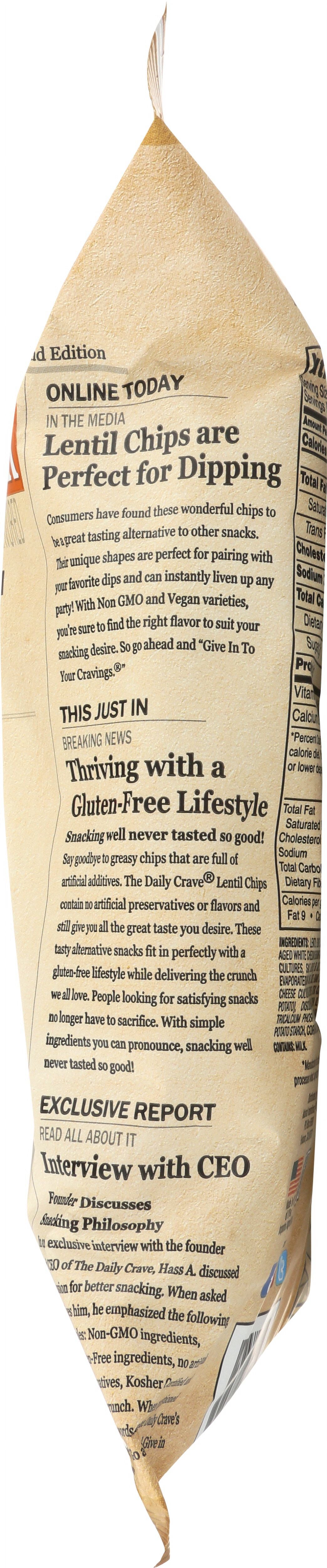 Pack of 8, The Daily Crave Aged White Cheddar Lentil Chips, 4.25 oz