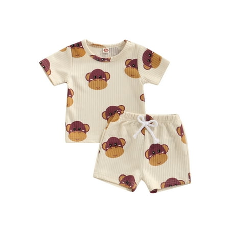 

LisenraIn Toddler Baby Boy Girl Rib Knit Clothes Summer Short Sleeve Cartoon Animal Printed Tops Shorts Outfits