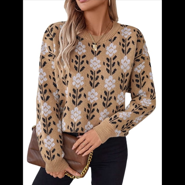Suéter de Cuello Redondo de Larga para Mujer, Estampado de Otoño, Jersey de Punto de Gran Tamaño, Ropa de Moda Camello S