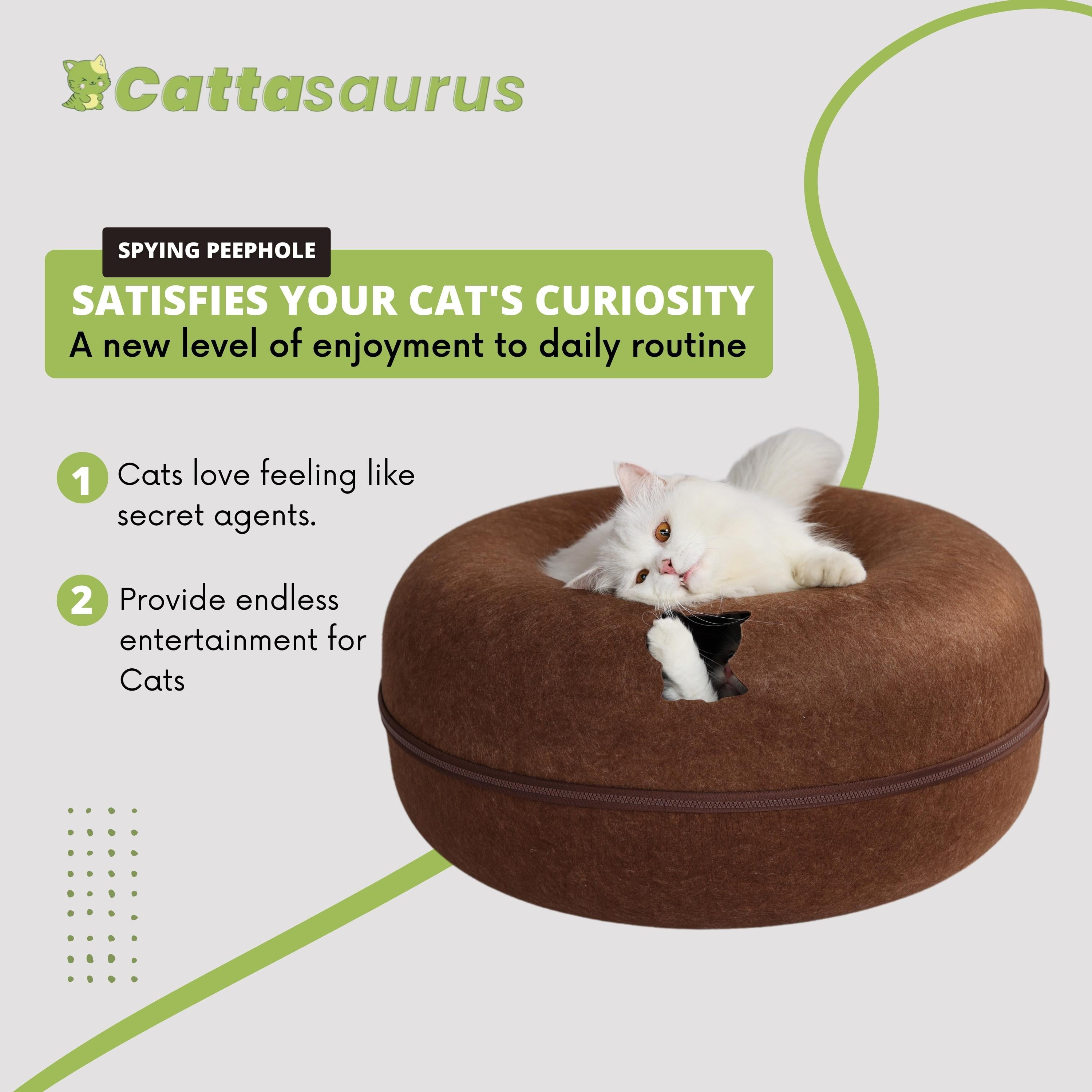 Cattasaurus Indoor Donut Felt Kitty Window Tunnel Bed, Detachable, Large, Brown