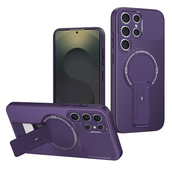 Stand for Samsung Galaxy S22 Ultra Case, Magnetic Compatible with Mag-Safe, Military Drop Protection, Shockproof Carbon Fiber Texture Hard PC   TPU Bumper Case for Samsung Galaxy S22 Ultra, Purple