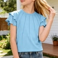 thumbnail image 5 of Aihuaihua Girls Pleated Ruffle Short Sleeve Shirts Kids Summer Crewneck T-Shirts Solid Color Fashion Tops Tees Age for 5-12 Years Blue 9-10 Years, 5 of 6