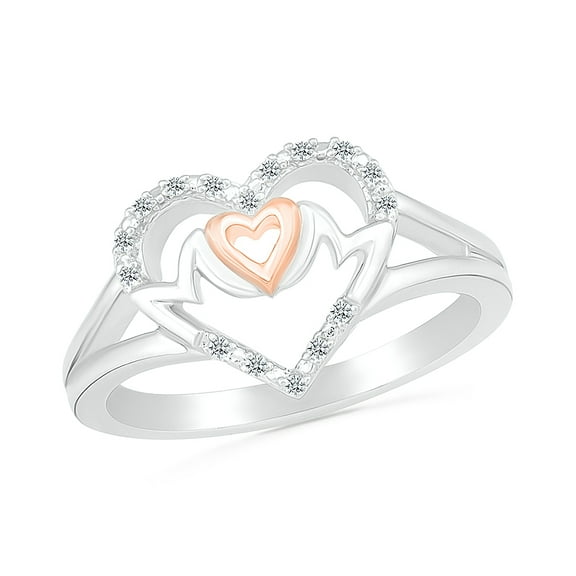 DGOLD Sterling Silver and 10kt Gold Round White Diamond Two Tone Heart Mom Ring for Women (1/10 cttw)
