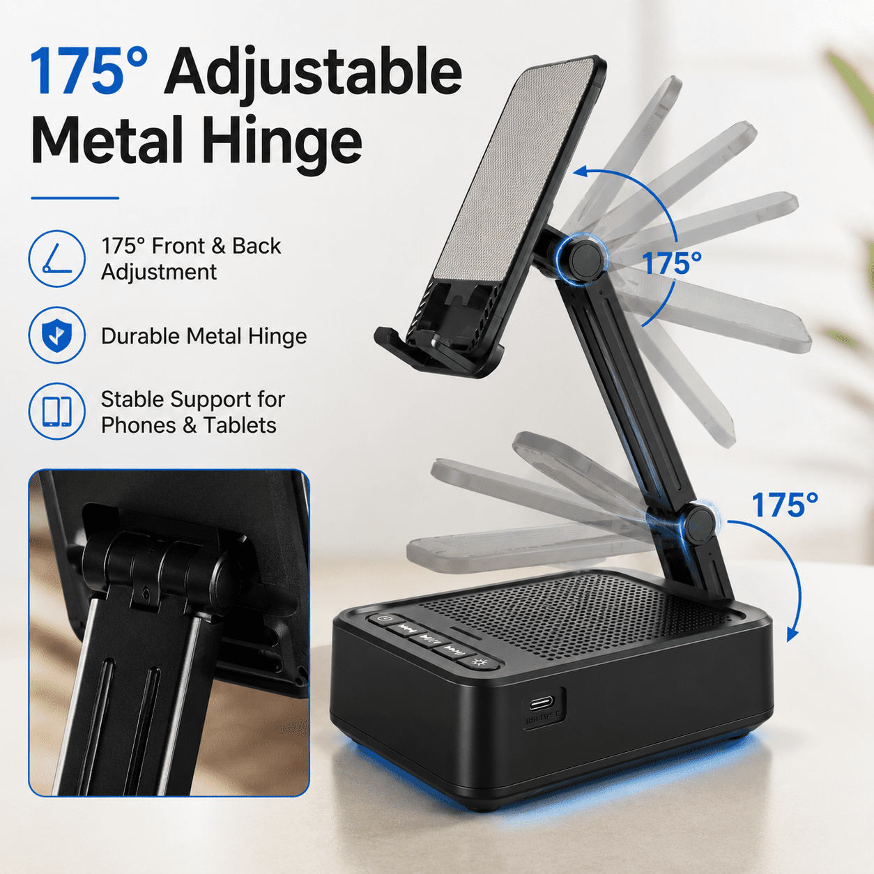 JDMEOPD Foldable Cell Phone and Tablet Stand with Bluetooth Speaker, Night Light, 5W Surround Sound, Black
