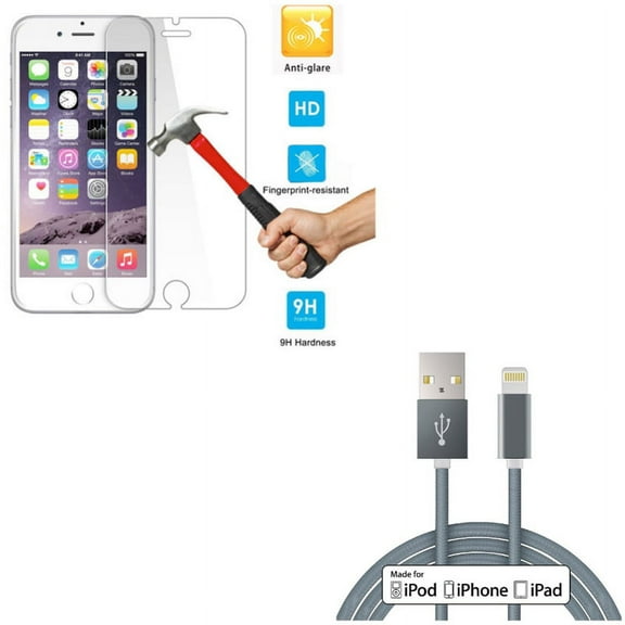 iPhone 8/7/6S/6 - 6ft MFi USB Cable w Anti-Glare Screen Protector - Certified Charger Cord Power Wire Braided, Tempered Glass Matte 2.5D Curved Edge Anti-Fingerprint for iPhone 8/7/6S/6