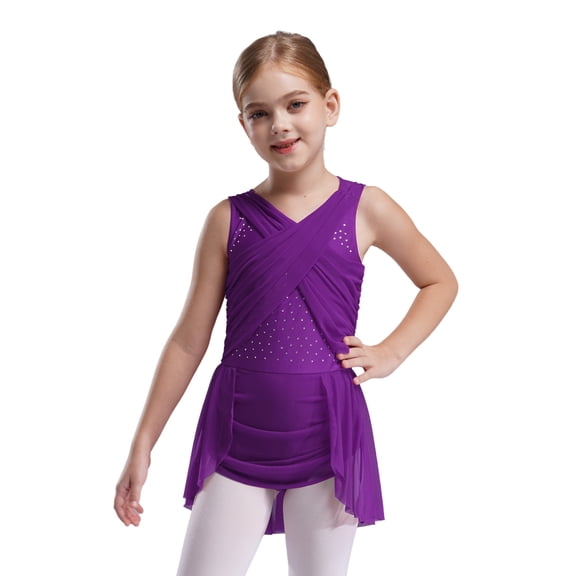 vastwit Girls Rhinestones Cutout Sleeveless Lyrical Dance Dress Figure Skating Performance Ballet Latin Jazz Dancewear Purple 14