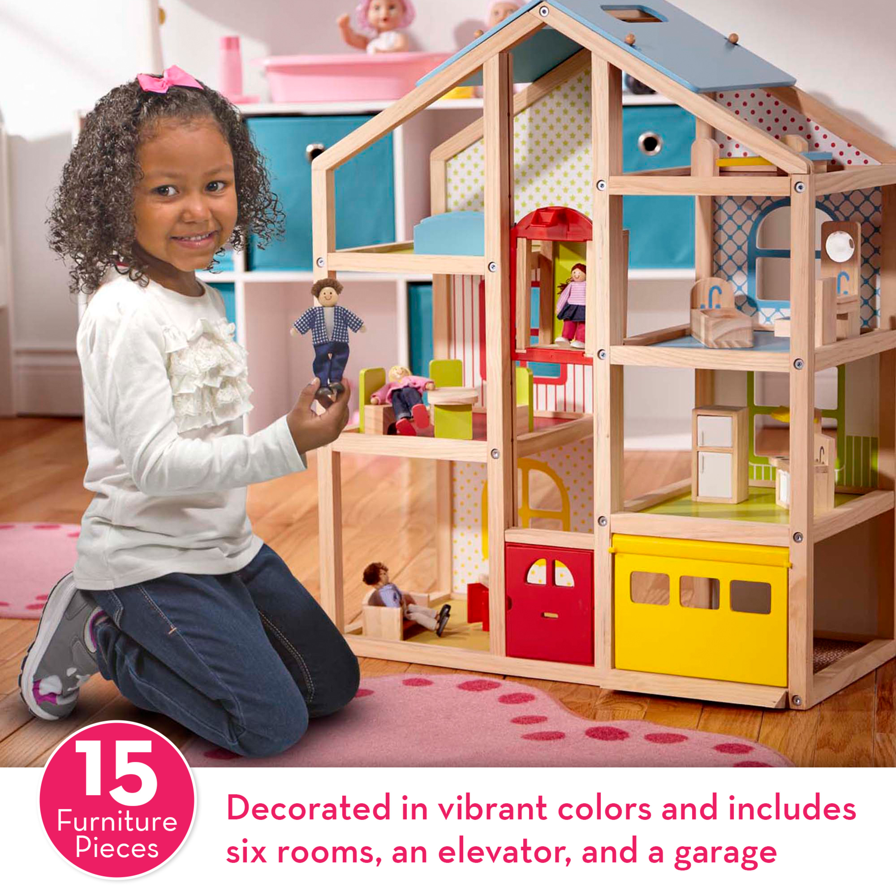 Melissa & Doug Wooden Hi-Rise Dollhouse With 15 Furniture Pieces, Garage, Working Elevator - image 3 of 10