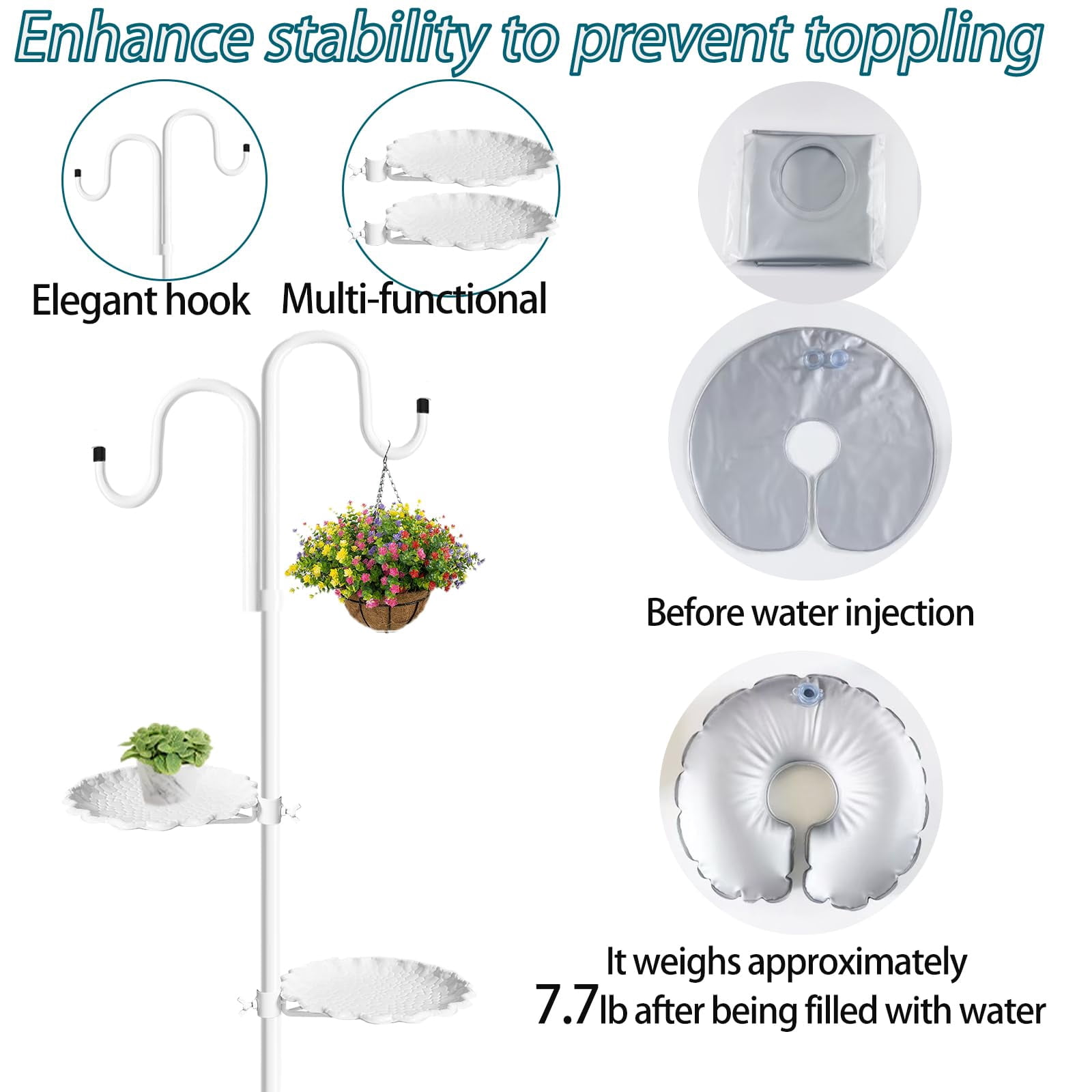 Upgraded 74" Shepherd's Hook Stand plant，Bird Feeder，Wind Chime Hanger Stand, Waterproof Metal & Adjustable-Height Standing Pole Holder for Lantern and Wreath, Indoor & Outdoor（2 Placement Racks)