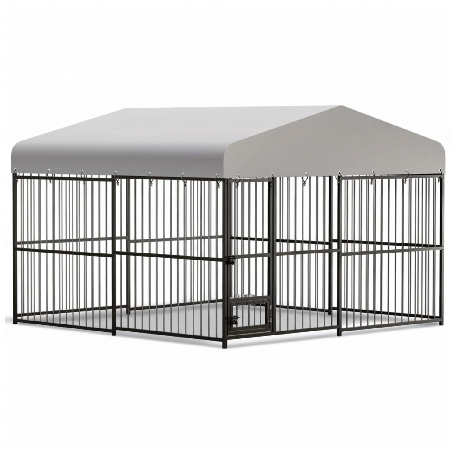 EuKer Outdoor Dog Kennel with Roof, 10x10x6 ft Heavy-Duty Dog Cage W/Safety Locks & Stainless Steel Bowls for Garden, Backyard