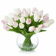 thumbnail image 2 of Enova Home Artificial Flowers Mixed Real Touch Pink White Tulips Fake Silk Flowers Arrangement in Round Glass Vase with Faux Water for Home Office Wedding Decoration, 2 of 4