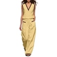 thumbnail image 2 of ClodeEU Women's Color Block V Neck 2-Piece Outfit,Casual Summer Sleeveless Top and Wide Leg Pants Set Yellow,Women's Plus L, 2 of 6