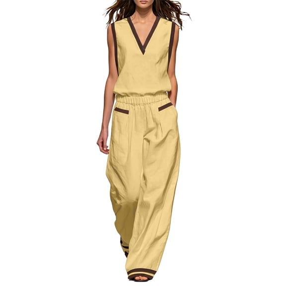 Floleo Women's V-Neck Sleeveless Top & Wide Leg Pants Set Contrast Trim Casual 2-Piece Outfit with Pockets for Spring Summer Daily Wear(Yellow,2XL)
