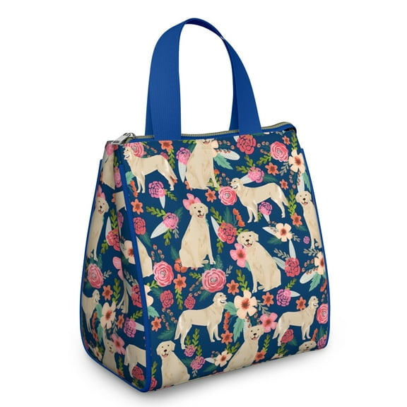 Golden Retriever and Pioneer Flower Insulated Lunch Bag for Women & Adults,Large Portable Soft Cooler Lunch Bag,Thermal Food Storage Tote with Pearl Cotton,8.66L,8.75x5.75x9.5 Inch