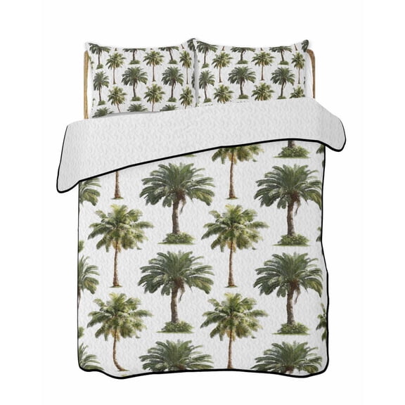 Full Size Quilt Bedding Set, Tropical Trees Reversible Summer Quilt 3 Pieces, Summer Palm Trees Botanical Vintage Green Lightweight Bedspreads Coverlets with 2 Pillow Shams for All Seasons