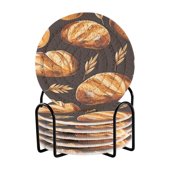 Breads Wheats 6 Pcs Drink Coasters with Holder Absorbent Coasters Woven Coasters for Drinks Table Desk Protection Home Decor