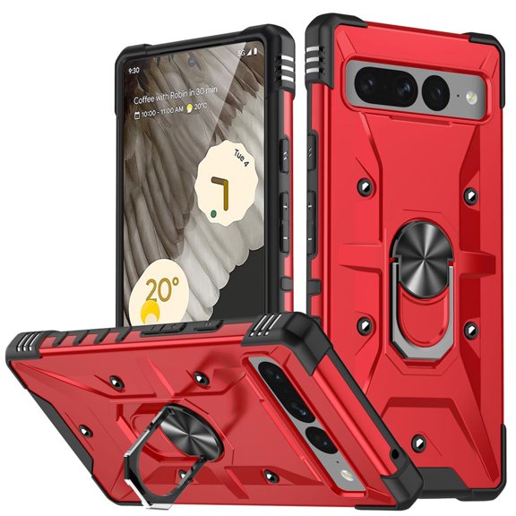 Haobuy for Google Pixel 8 Case with Ring Kickstand Heavy Duty Shockproof Durable Hard PC Case-Red