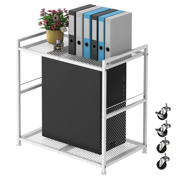 White 2-Tier Computer Tower Stand with Wheels, Mobile Metal CPU Holder Rolling PC Cart for Home Office, Floor Stand for Computer Tower, Fax