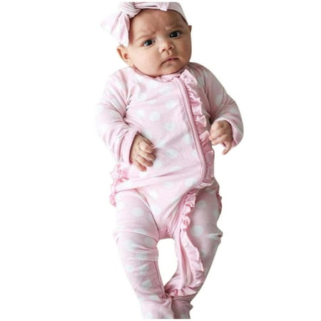 

QWERTYU Infant Baby Toddler with Headband Set Clothes Footies for Girl Long Sleeve Dot Romper 3M-18M 80