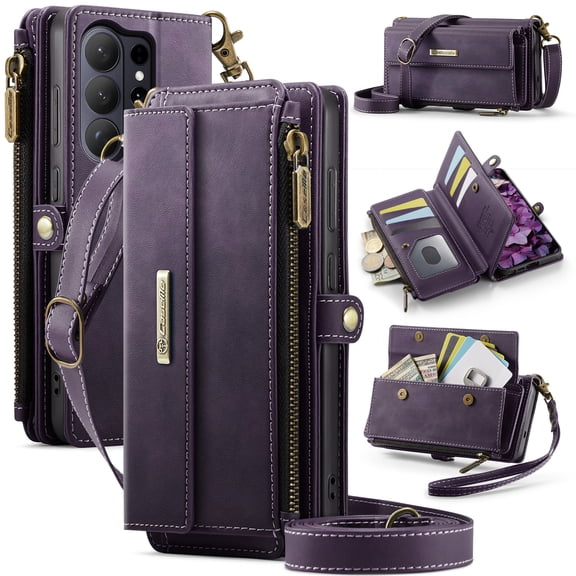 ELEHOLD Wallet Case for Samsung Galaxy S26 Ultra, Leather Shockproof Card Slots Zipper Pocket Card Holder Phone Case with Detachable Shoulder Strap Wrist Strap,Purple