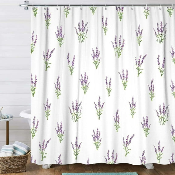Purple Lavender Shower Curtain Modern Aesthetic Lavender Flower Bathroom Decor for Girls Teens Cute Floral Fabric Waterproof Polyester Bathroom Decor Set with Hooks